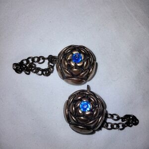 Floral Blue Stone Center Antique Vintage Buttons Pair